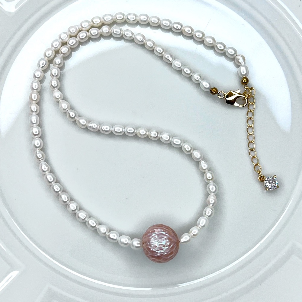 🤩 Handmade Carved Pink Freshwater Huge 13-14mm Edison Pearl Necklace